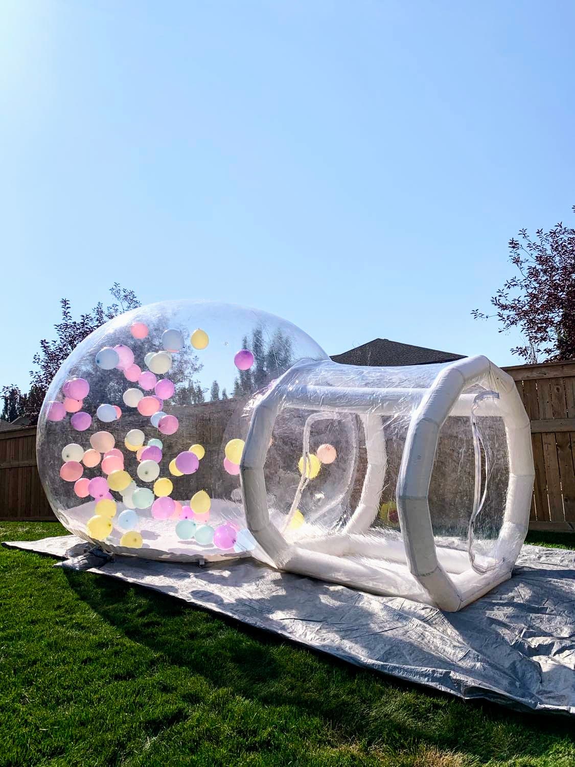 Clear inflatable bubble dome filled with balloons at a kids birthday party
